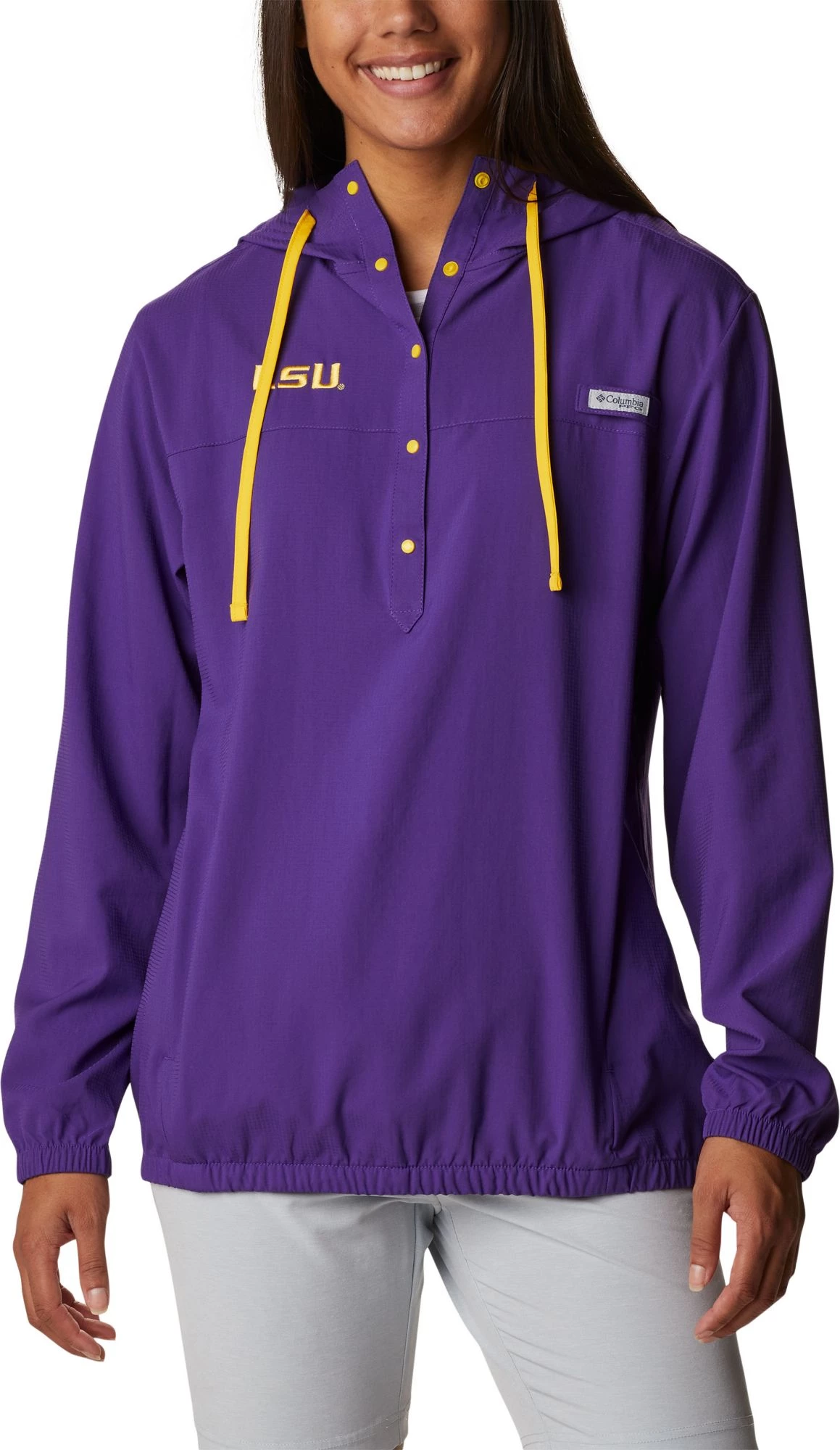 Columbia Women's LSU Tigers Purple PFG Tamiami Quarter-Snap Long Sleeve Hooded Shirt 3 Columbia Women's LSU Tigers Purple PFG Tamiami Quarter-Snap Long Sleeve Hooded Shirt