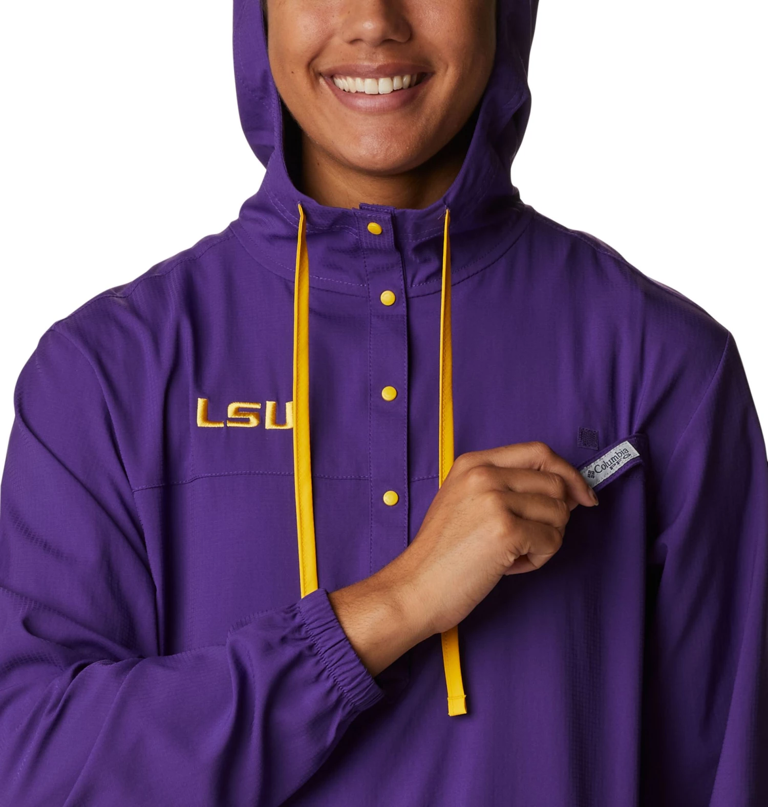 Columbia Women's LSU Tigers Purple PFG Tamiami Quarter-Snap Long Sleeve Hooded Shirt 5 Columbia Women's LSU Tigers Purple PFG Tamiami Quarter-Snap Long Sleeve Hooded Shirt - Image 3