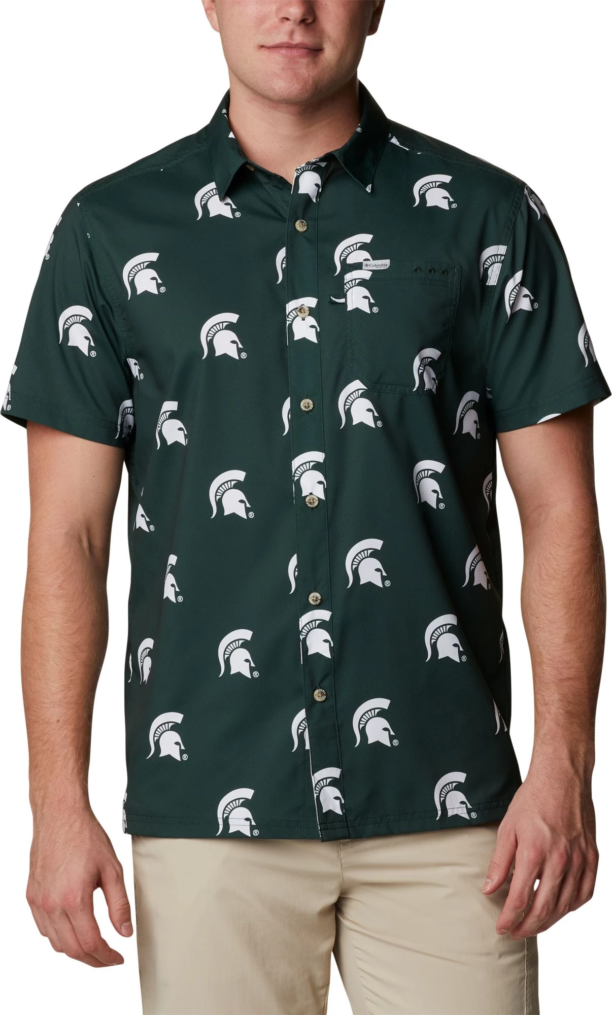 Columbia Men's Michigan State Spartans Green Super Slack Tide Button Down Shirt 3 Columbia Men's Michigan State Spartans Green Super Slack Tide Button Down Shirt