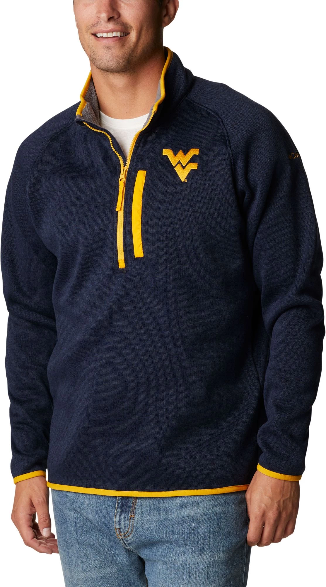 Columbia Men's West Virginia Mountaineers Blue Canyon Point Half-Zip Pullover Fleece Jacket 3 Columbia Men's West Virginia Mountaineers Blue Canyon Point Half-Zip Pullover Fleece Jacket